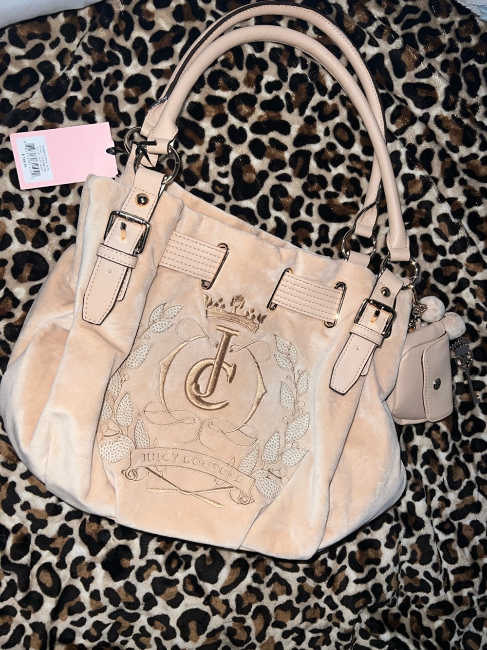 Juicy Couture Pale Blush Velvet Tote with Embroidered Crest
